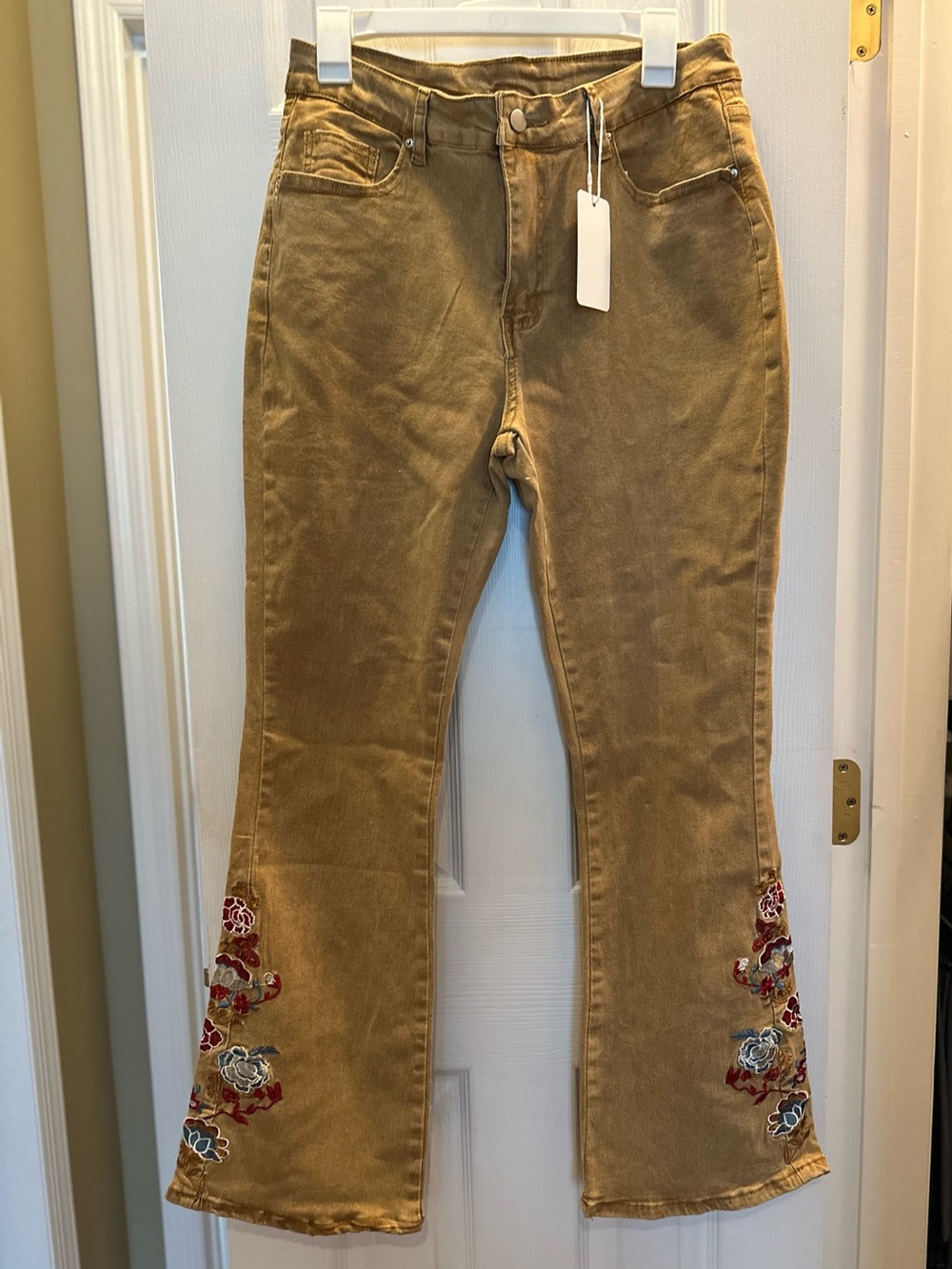 Women’s Khaki Bohemian Flared Jeans with Embroidered Floral Accents